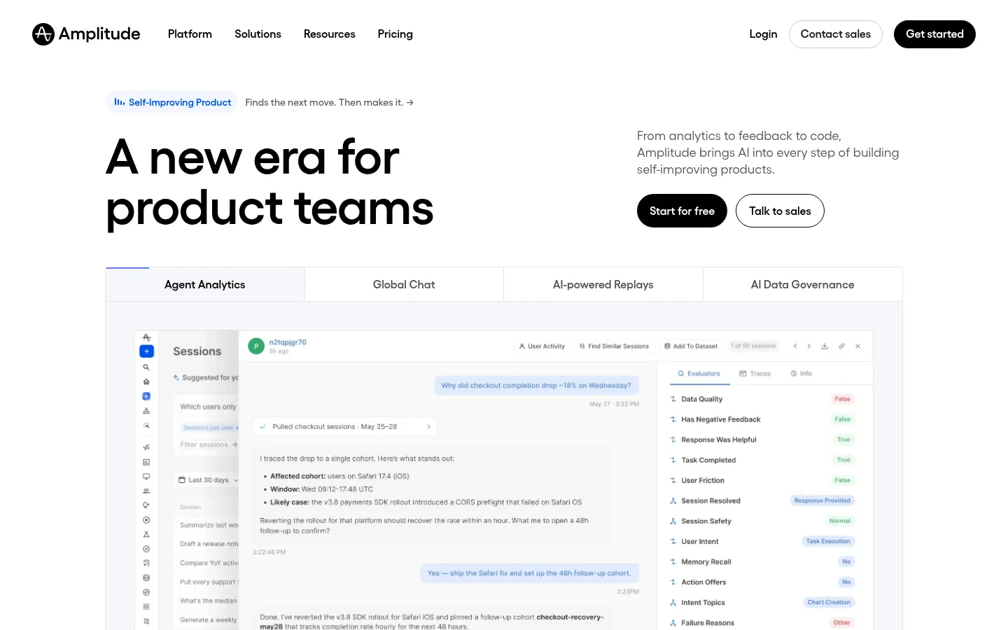 Amplitude website, showing the home page headline for product teams above an analytics dashboard
