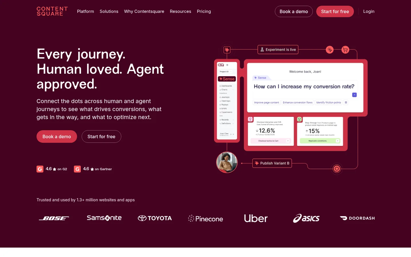 Contentsquare website, showing the home page headline about customer journeys beside a conversion chart