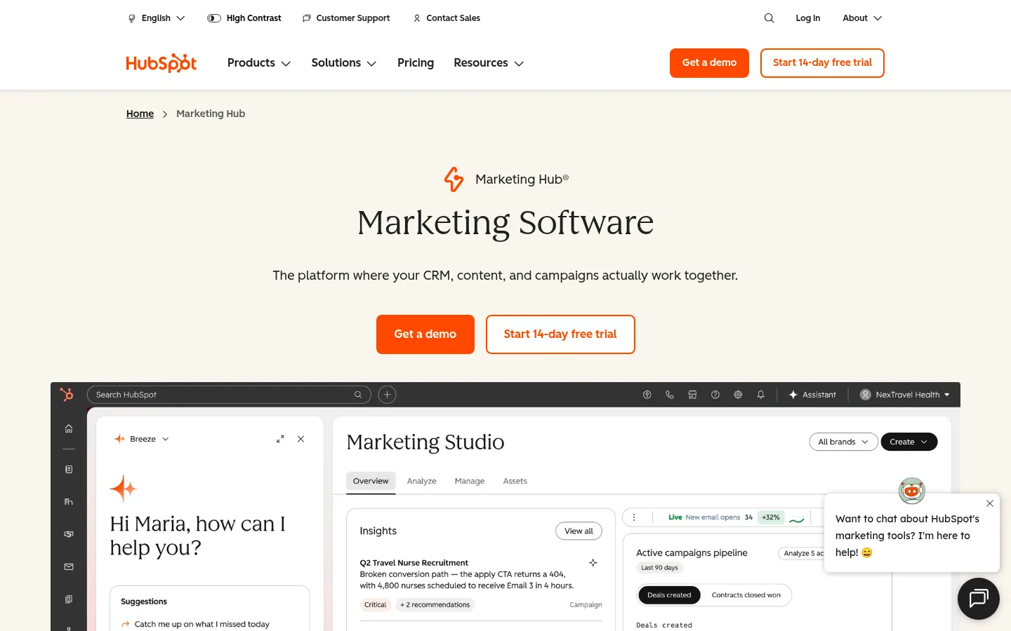 HubSpot Marketing Hub website, showing the Marketing Hub page above the Marketing Studio interface