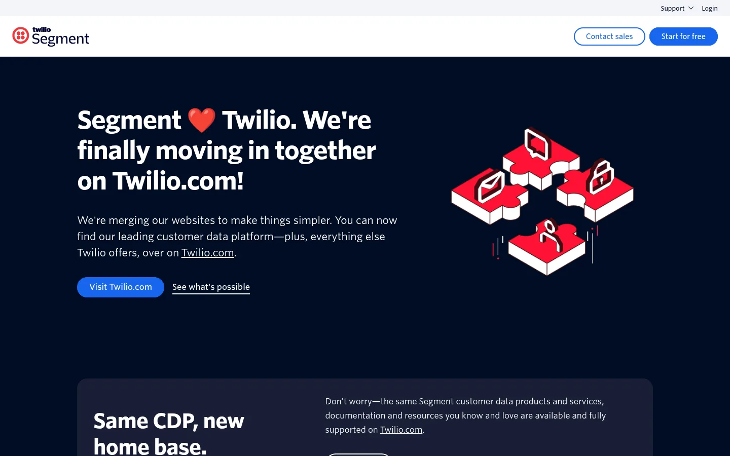 Twilio Segment website, showing the segment.com notice that Segment now sits on Twilio.com