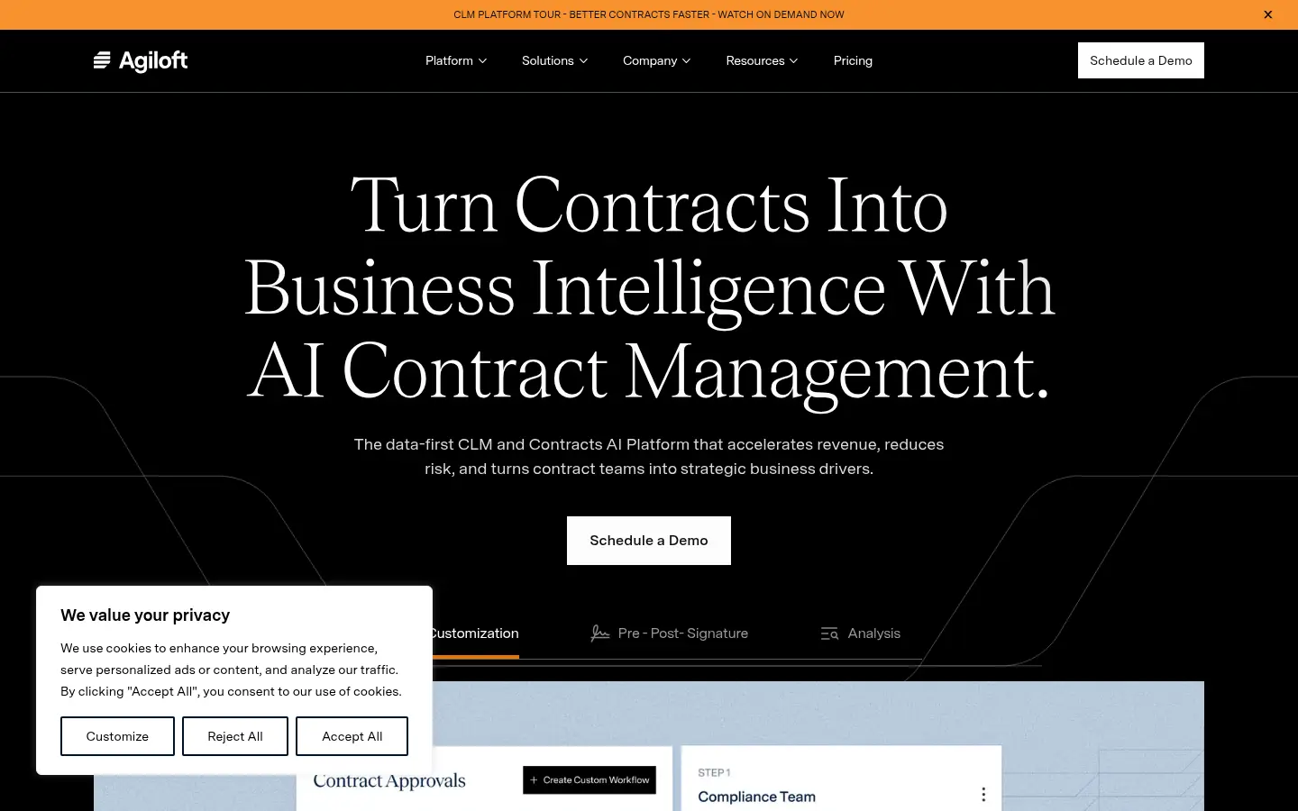 Agiloft website, showing the headline Turn Contracts Into Business Intelligence With AI Contract Management