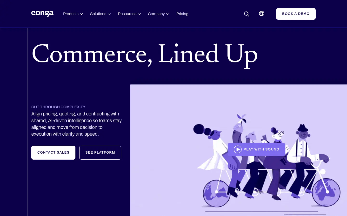 Conga website, showing the headline Commerce, Lined Up on a dark purple banner