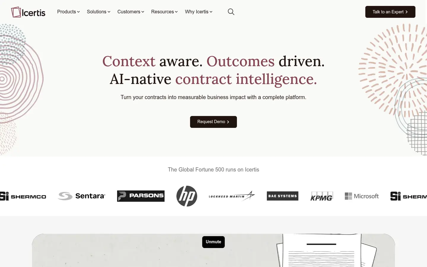 Icertis website, showing a headline about AI native contract intelligence above customer logos
