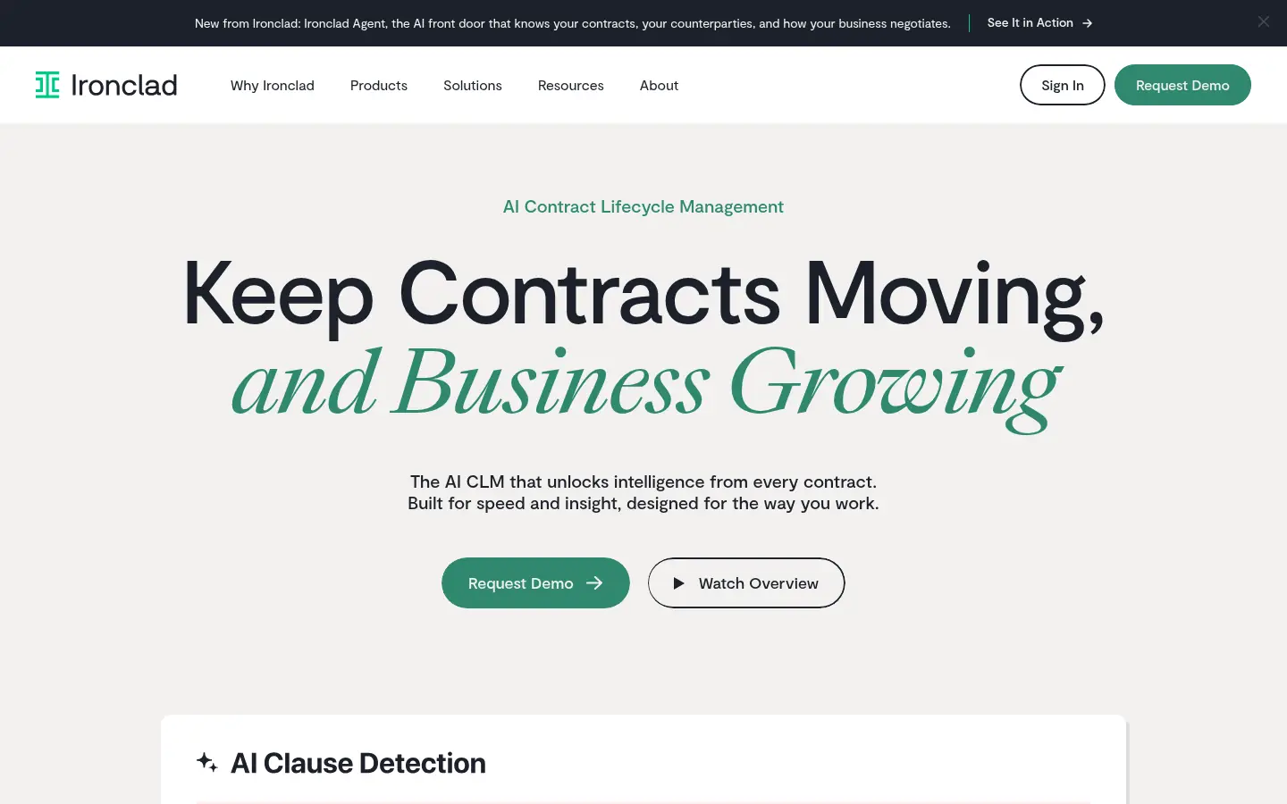 Ironclad website, showing the headline Keep Contracts Moving and Business Growing with demo buttons