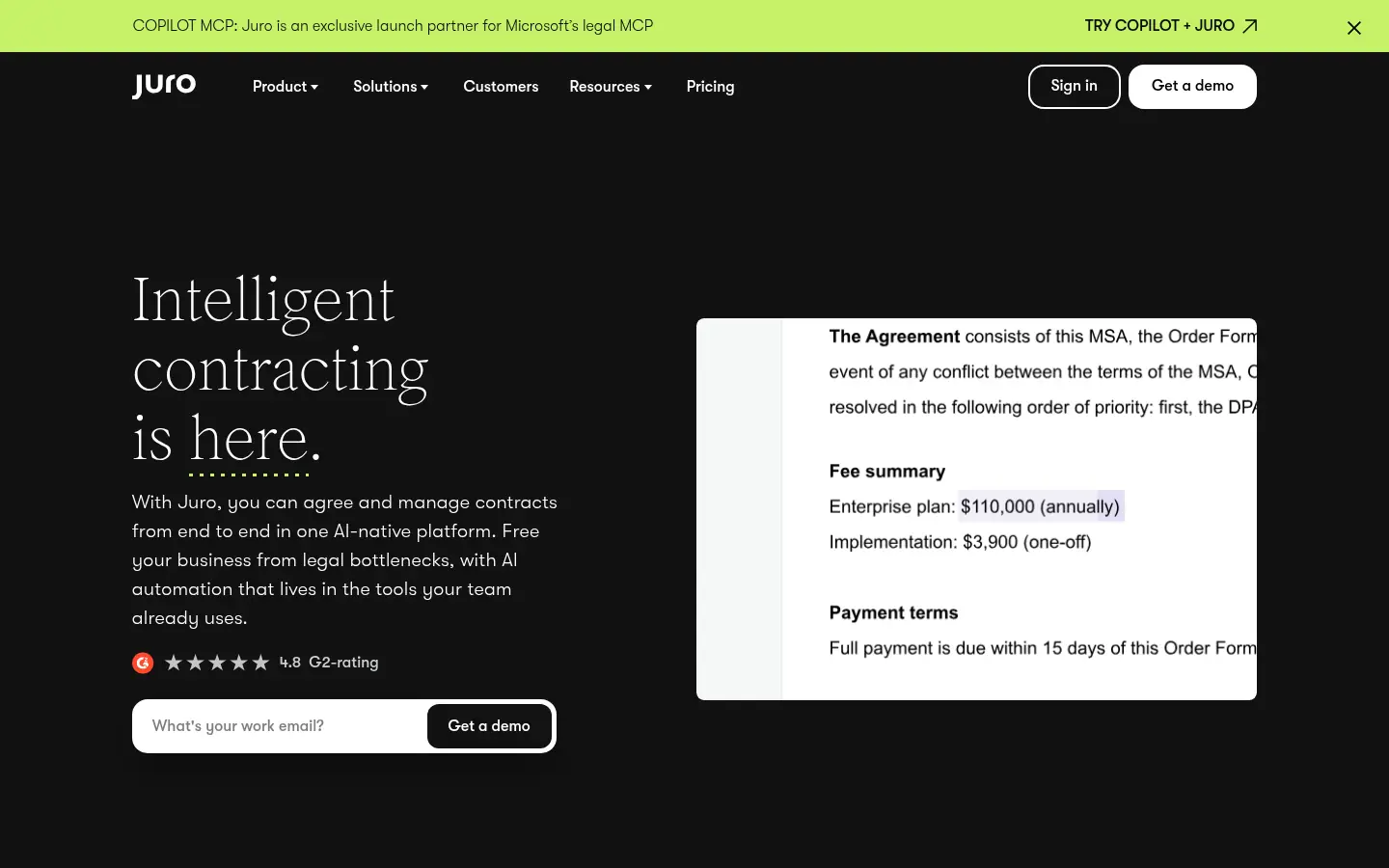 Juro website, showing the headline Intelligent contracting is here beside a sample agreement summary