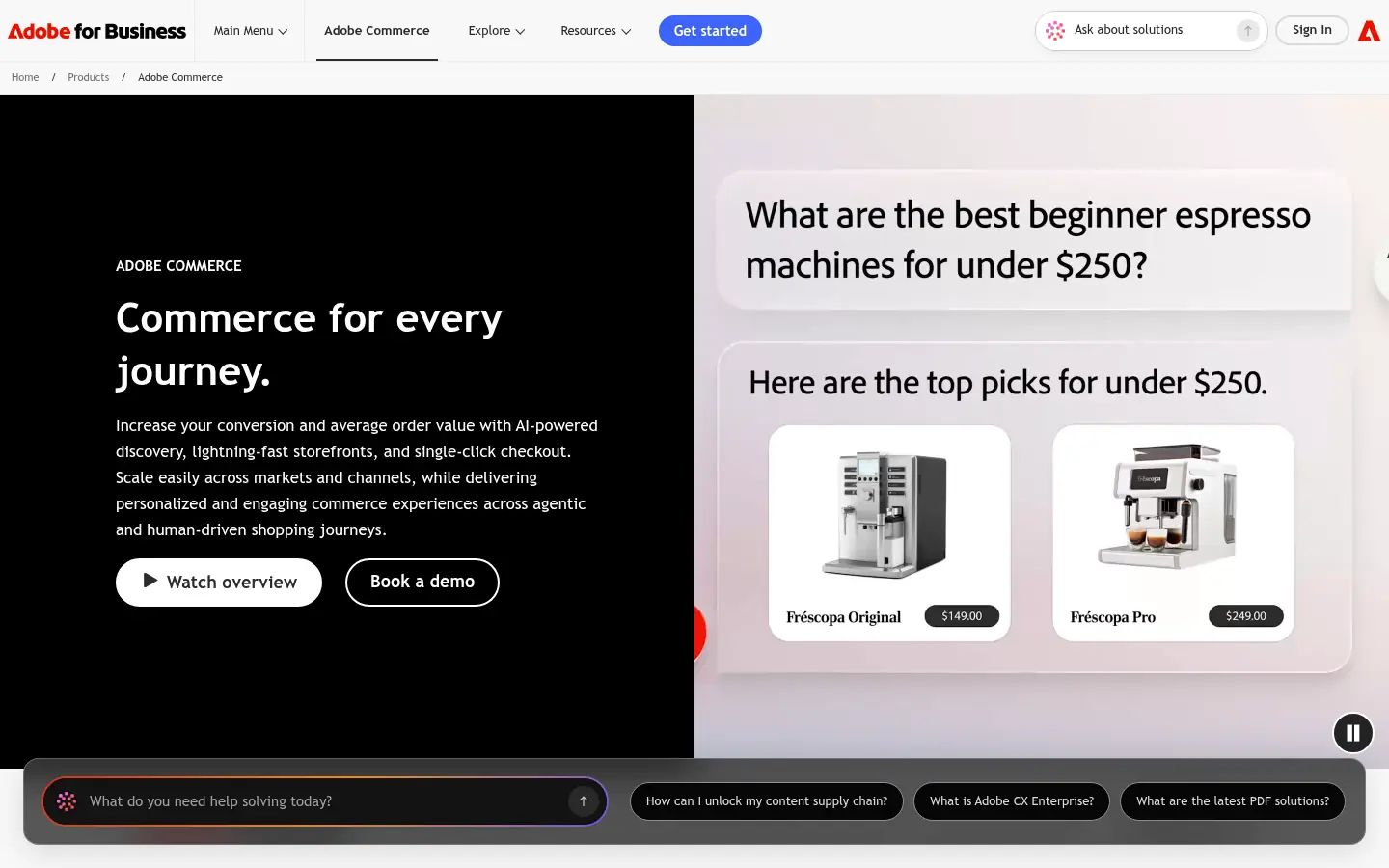 Adobe Commerce website, showing the Adobe Commerce banner Commerce for every journey beside a sample product search