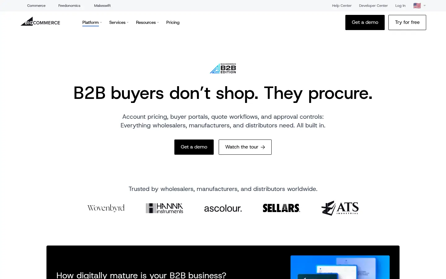 BigCommerce B2B Edition website, showing the B2B Edition page headed B2B buyers do not shop, they procure