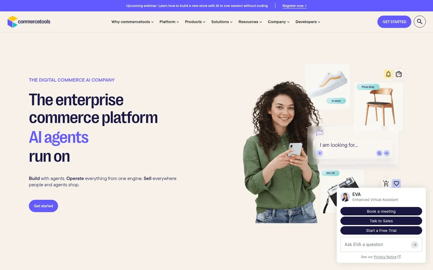 commercetools website, showing the headline The enterprise commerce platform AI agents run on