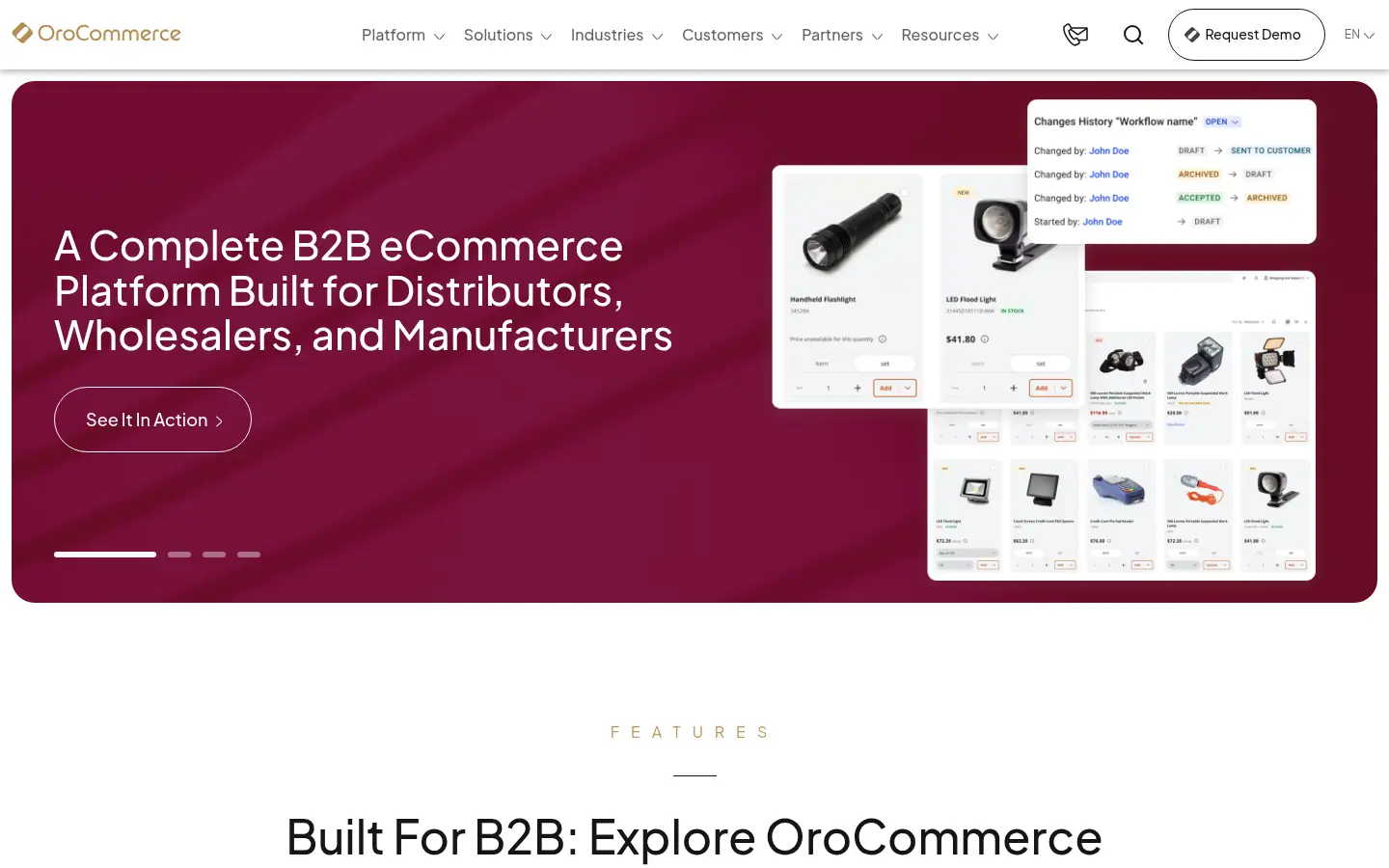 OroCommerce website, showing a banner for a B2B eCommerce platform built for distributors, wholesalers and manufacturers