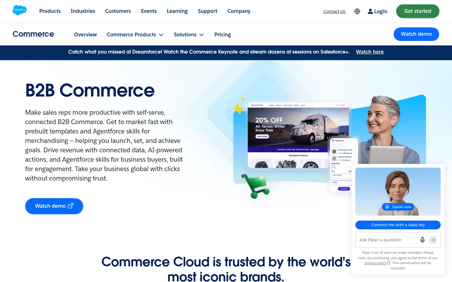 Salesforce B2B Commerce website, showing the B2B Commerce banner beside product and chat previews