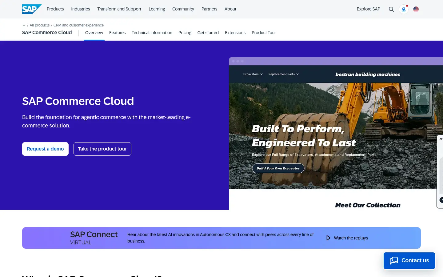 SAP Commerce Cloud website, showing the SAP Commerce Cloud banner with request demo and product tour buttons