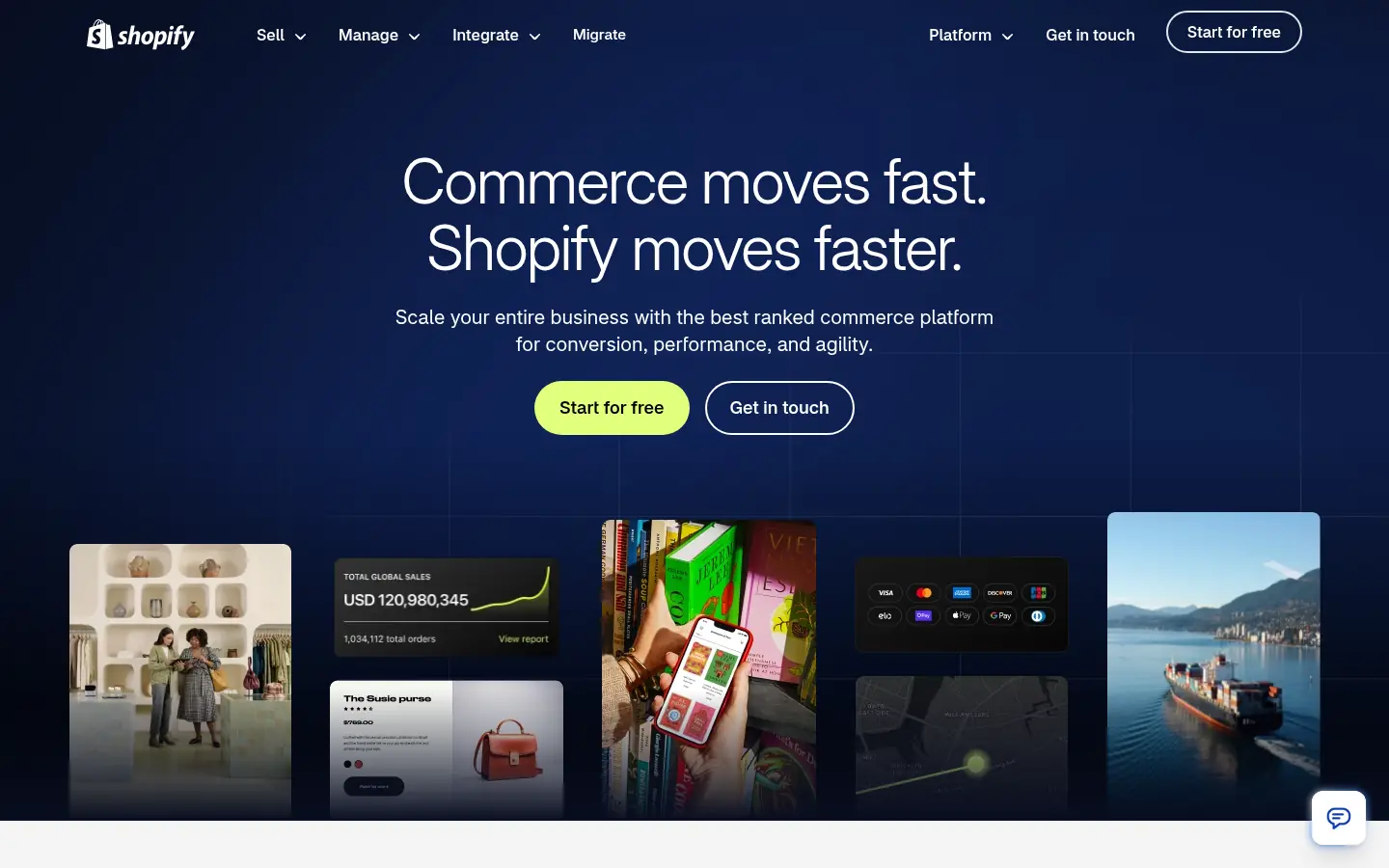 Shopify Plus website, showing the headline Commerce moves fast, Shopify moves faster above product photos