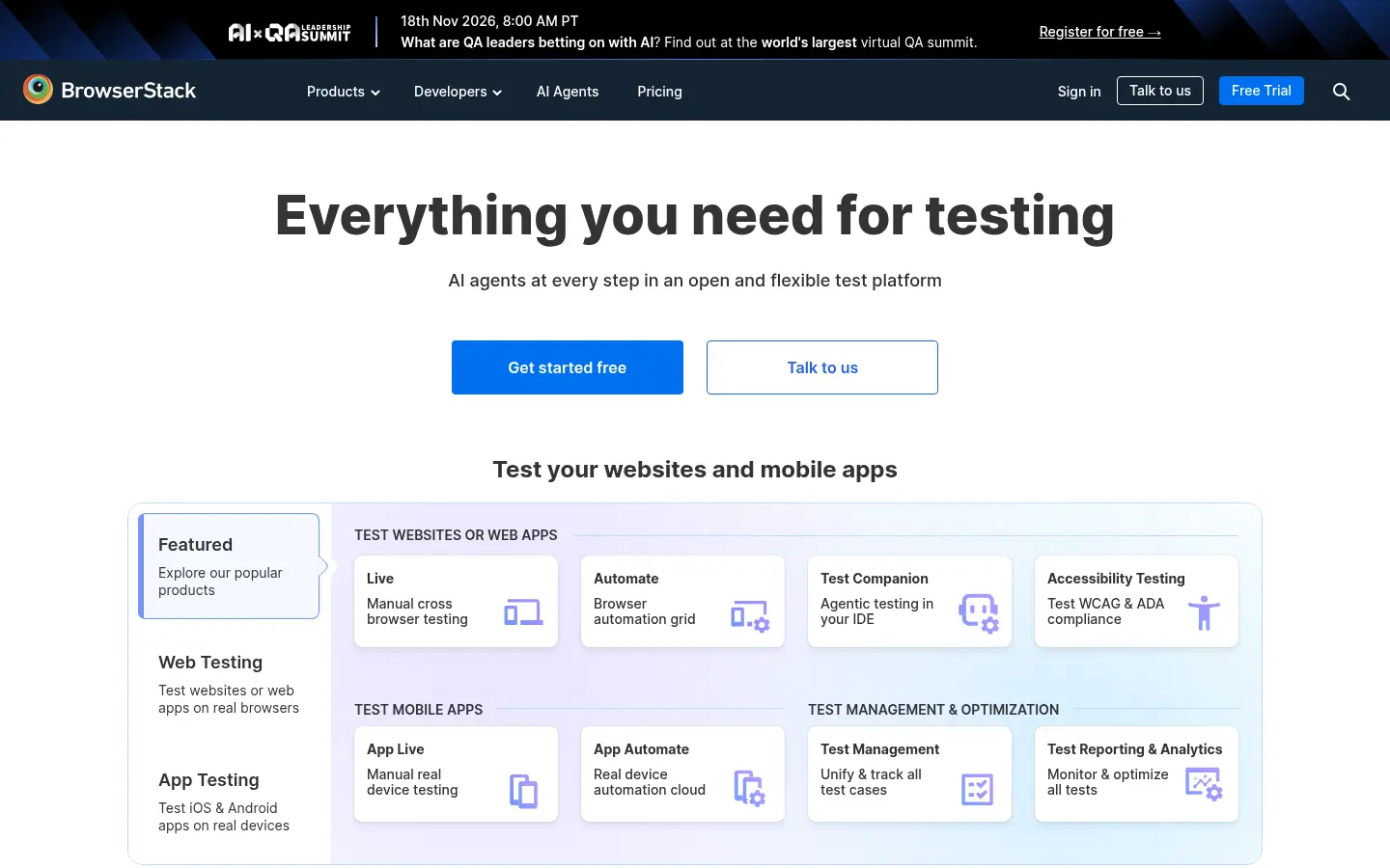 BrowserStack website, showing the headline Everything you need for testing above web and mobile testing products