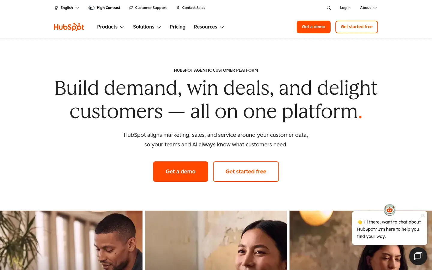 HubSpot website, showing the headline Build demand, win deals, and delight customers all on one platform