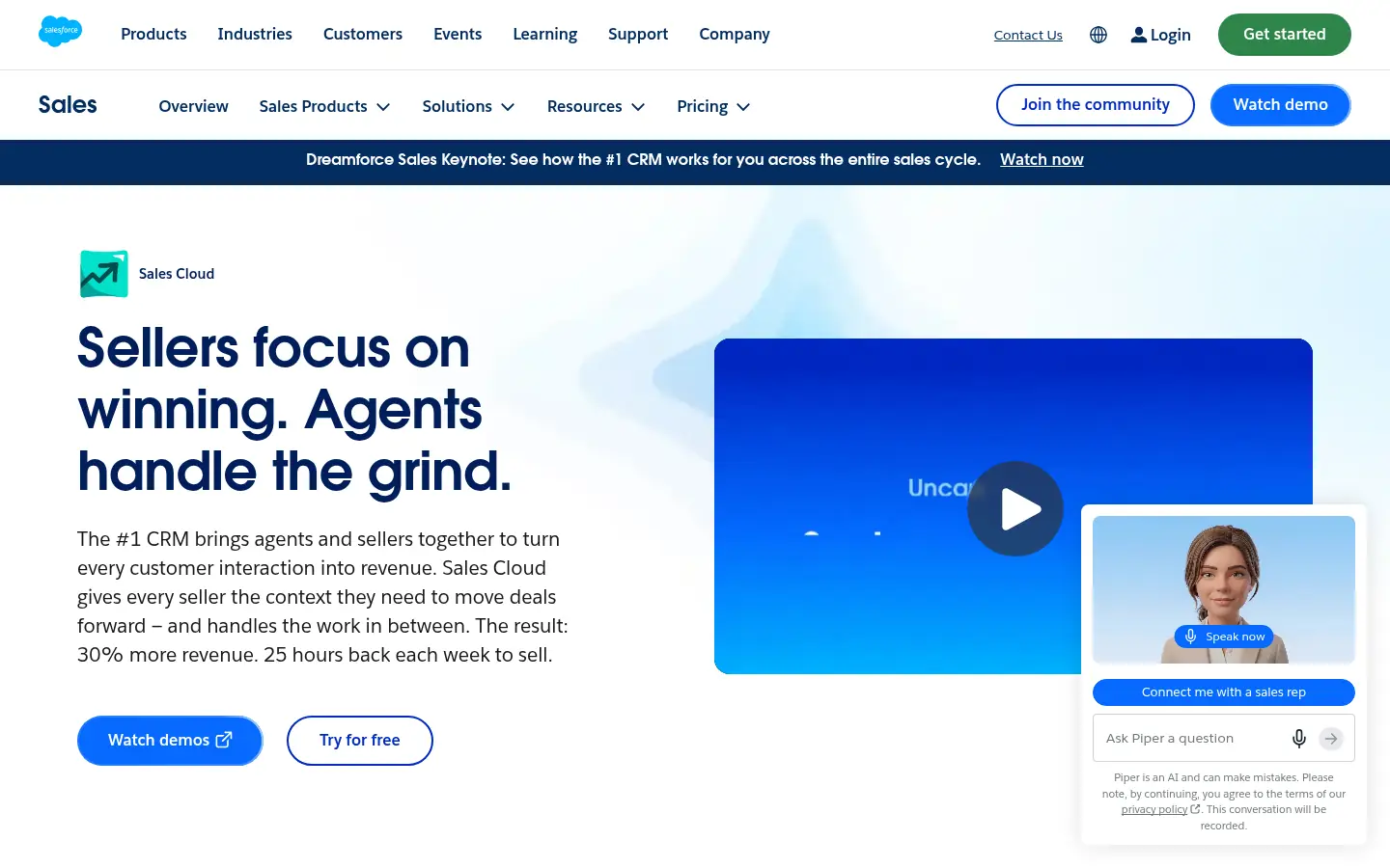 Salesforce website, showing the Sales Cloud banner Sellers focus on winning, agents handle the grind