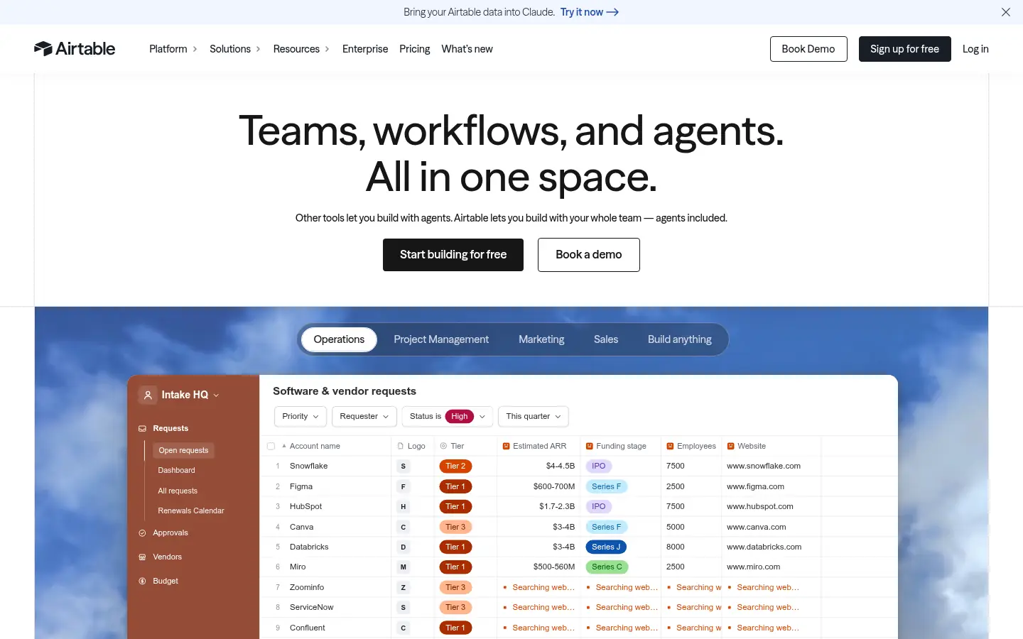 Airtable website, showing the headline Teams, workflows and agents, all in one space, above a table preview