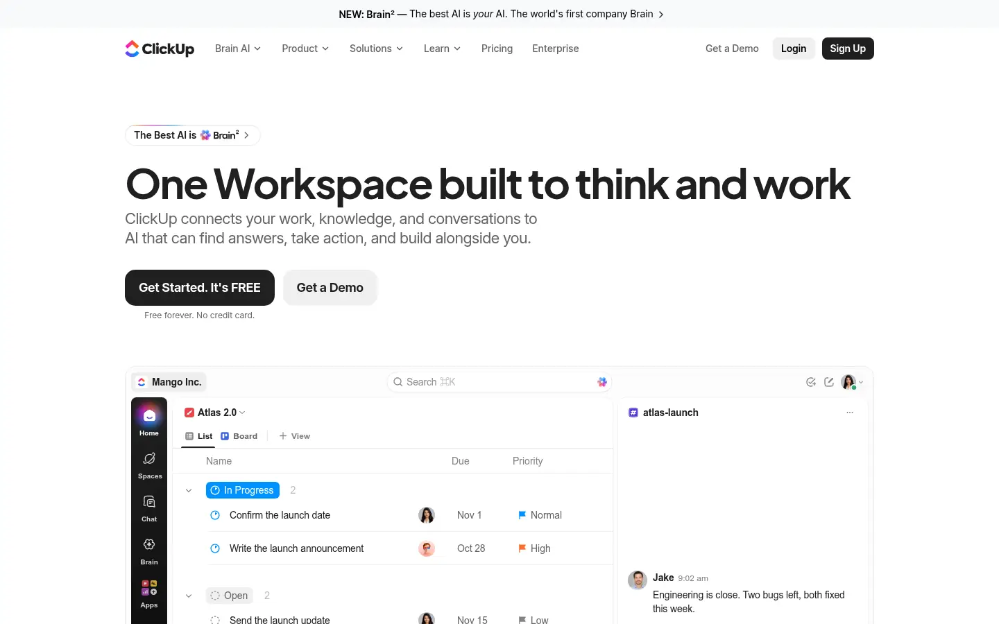 ClickUp website, showing the headline One Workspace built to think and work above a task list preview