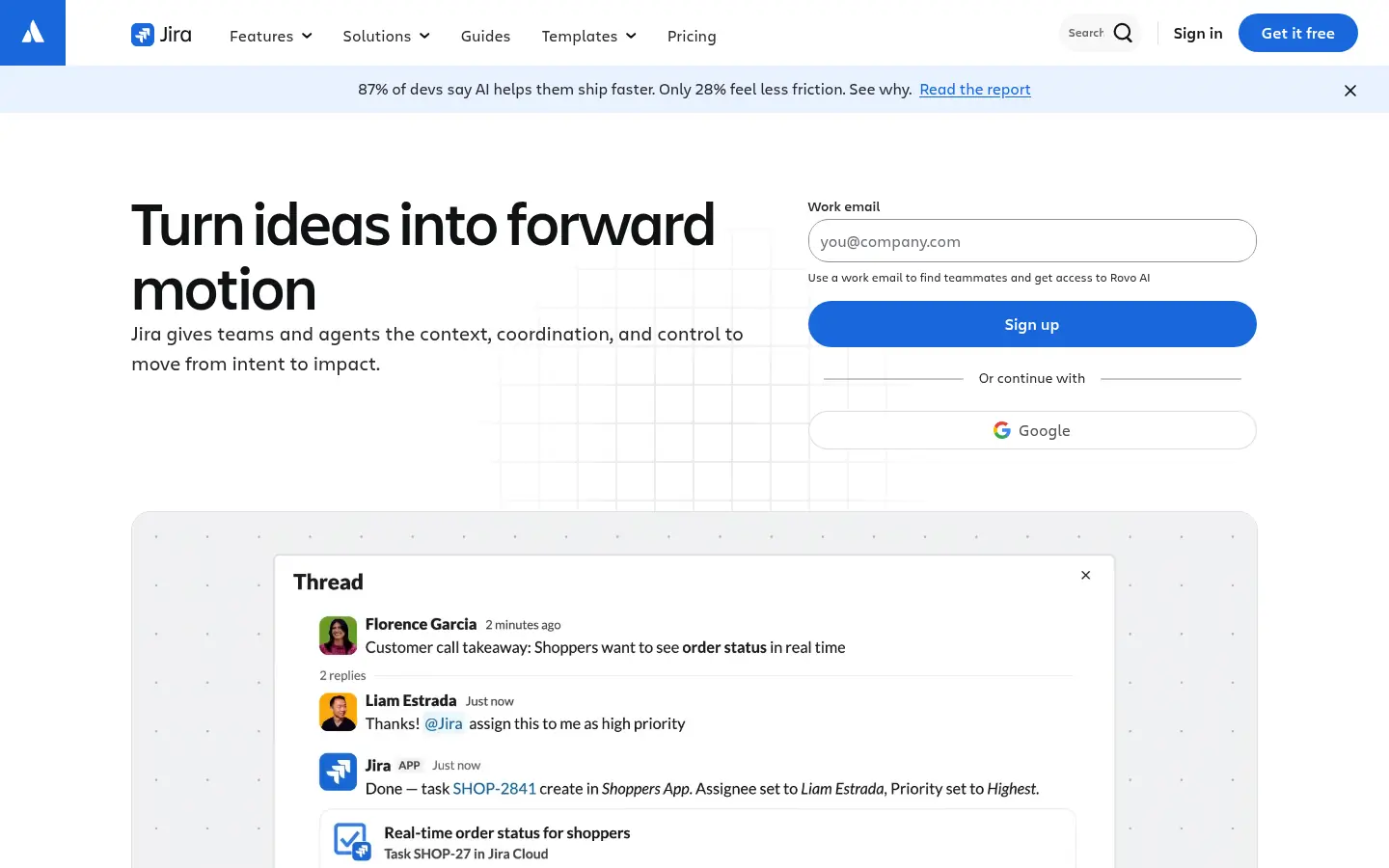 Jira website, showing the headline Turn ideas into forward motion beside a sign up form