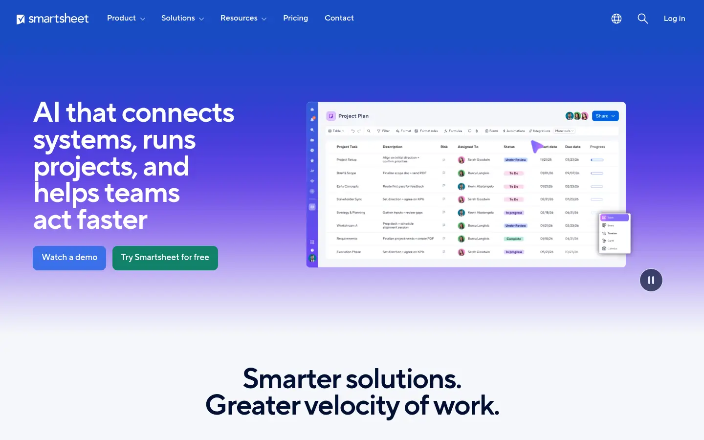 Smartsheet website, showing a blue banner about connecting systems and running projects beside a sheet preview