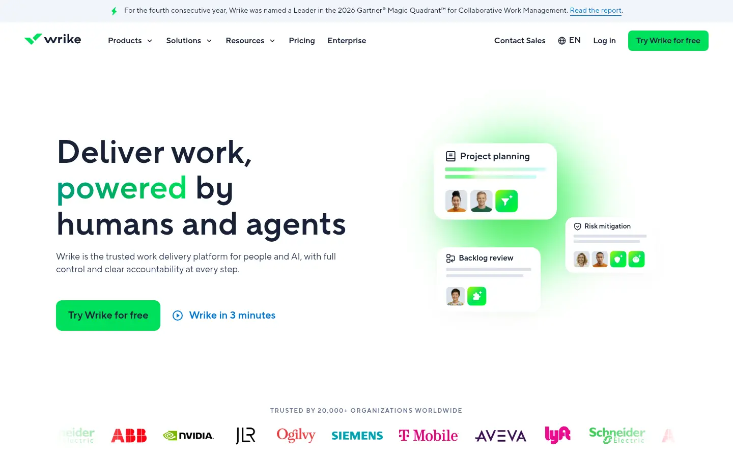 Wrike website, showing the headline Deliver work, powered by humans and agents