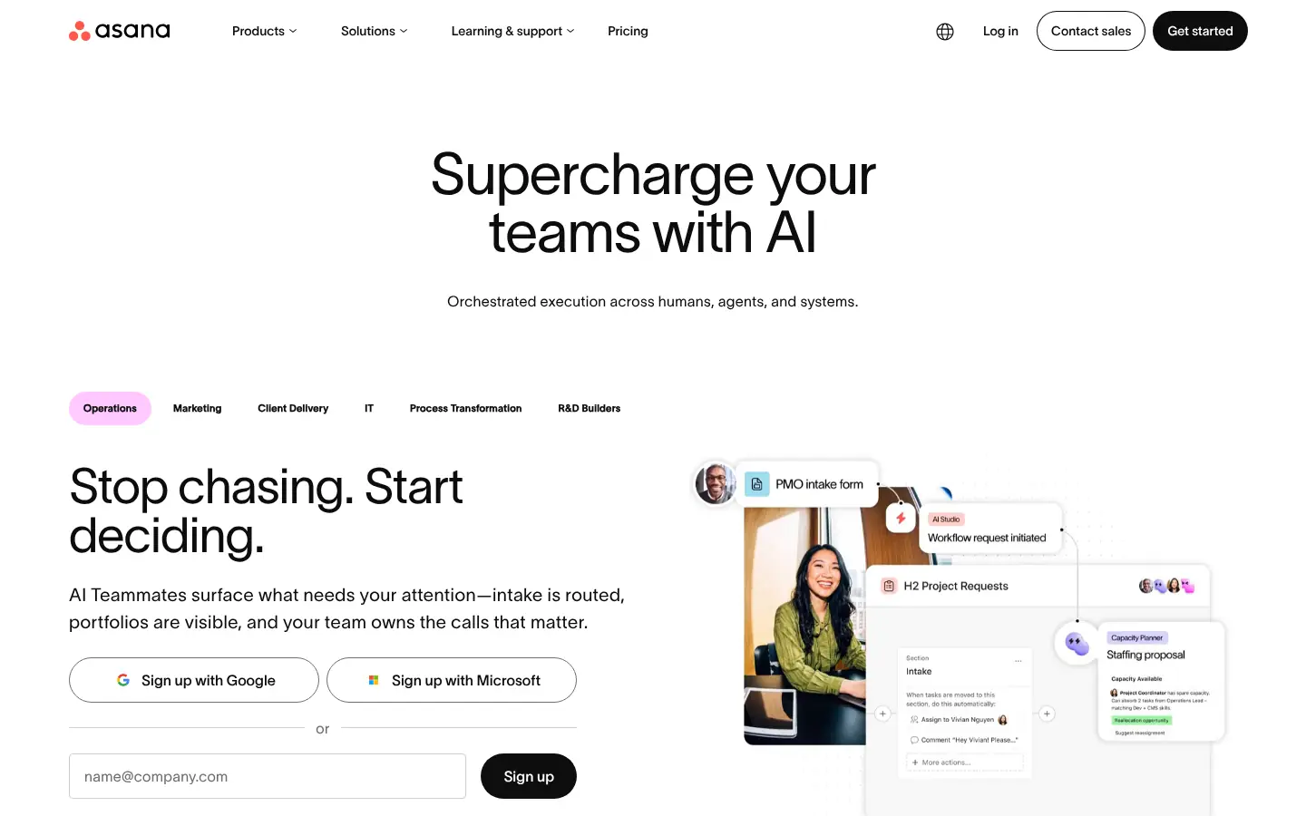 Asana website, showing a work management preview under a headline about teams working with AI