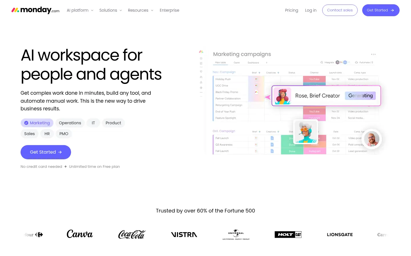 monday.com website, showing the headline AI workspace for people and agents beside a project board preview