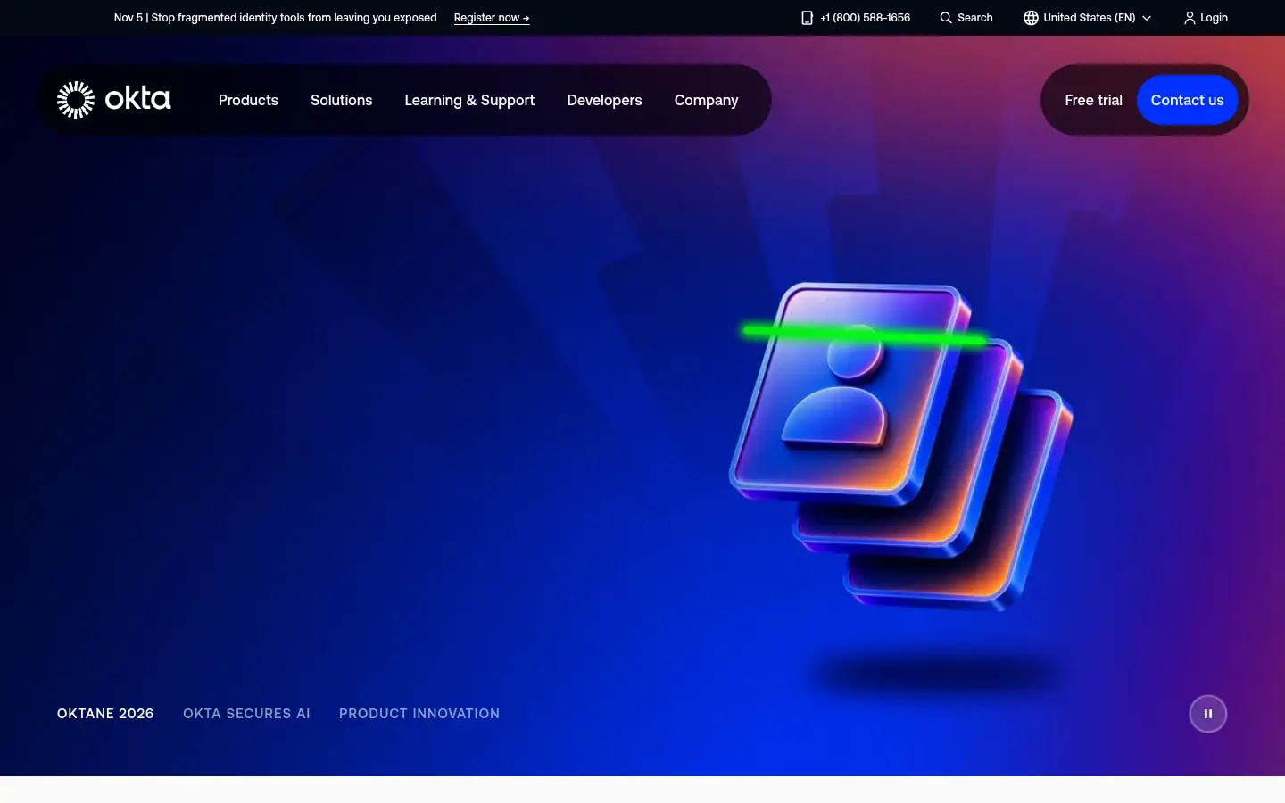 Okta website, showing a dark banner with a glowing identity graphic