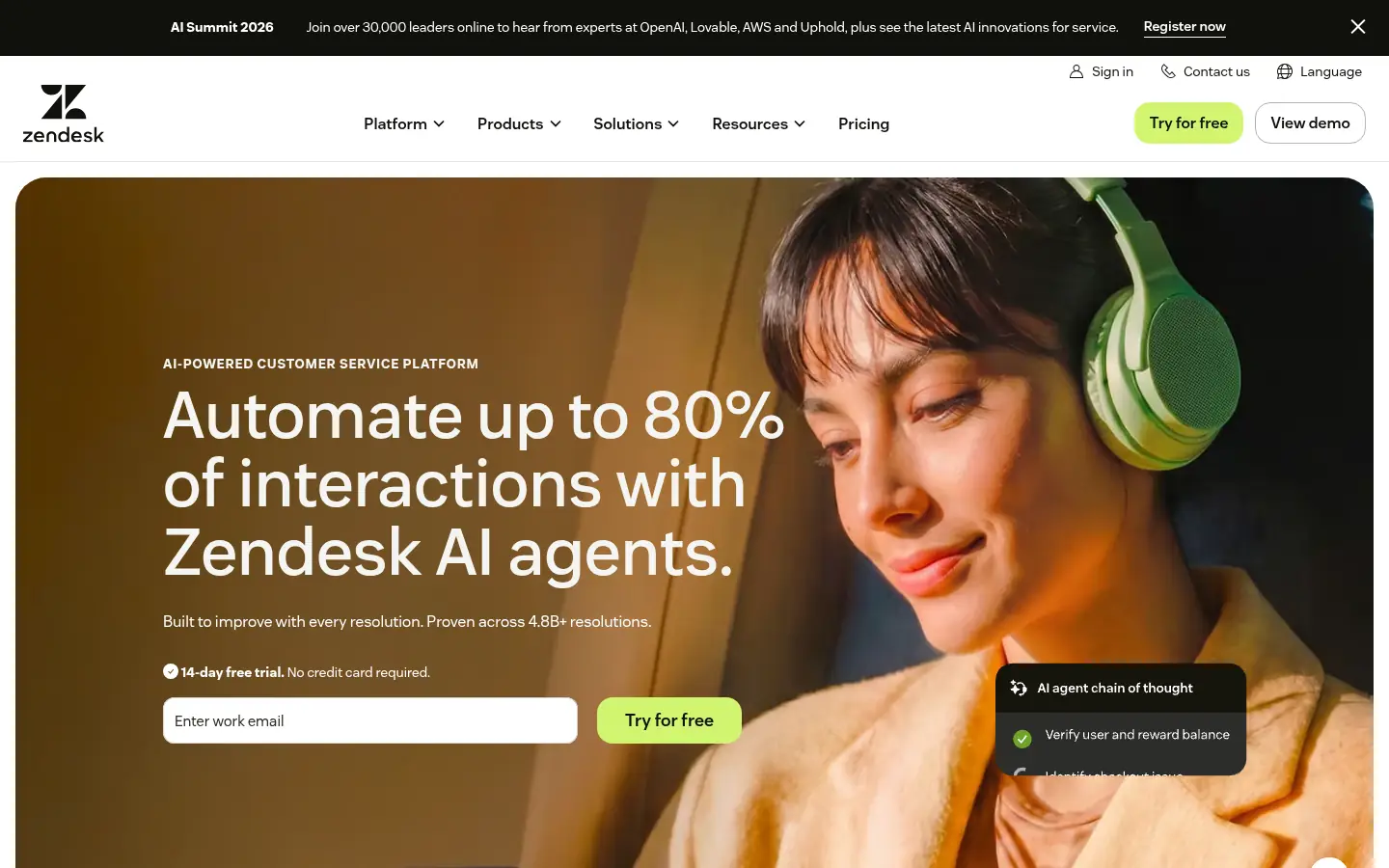 Zendesk website, showing a banner about Zendesk AI agents handling customer interactions