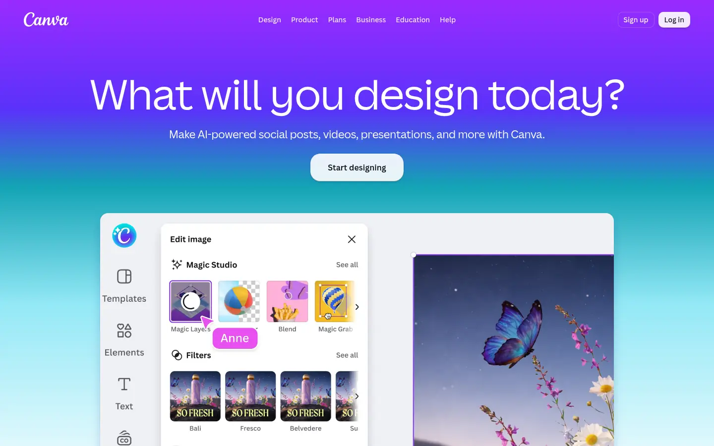 Canva AI website, showing the headline What will you design today above an image editor preview