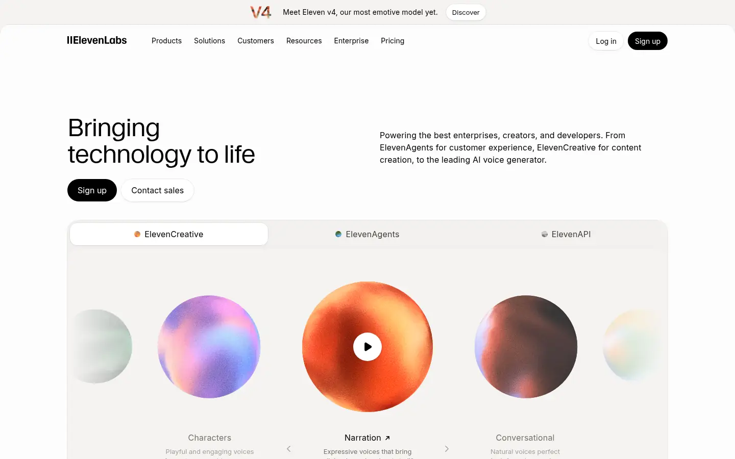 ElevenLabs website, showing the headline Bringing technology to life above voice product tabs
