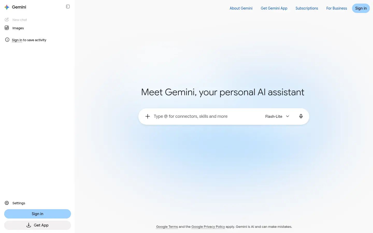 Google Gemini website, showing the prompt box under Meet Gemini, your personal AI assistant