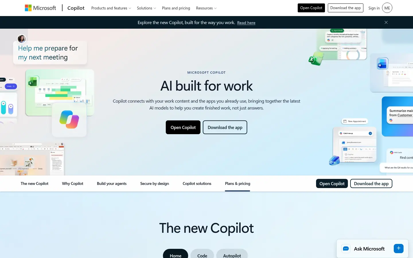Microsoft Copilot website, showing the headline AI built for work beside app preview cards