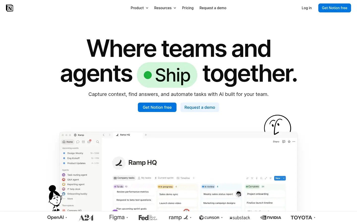 Notion AI website, showing the headline Where teams and agents ship together above a workspace preview
