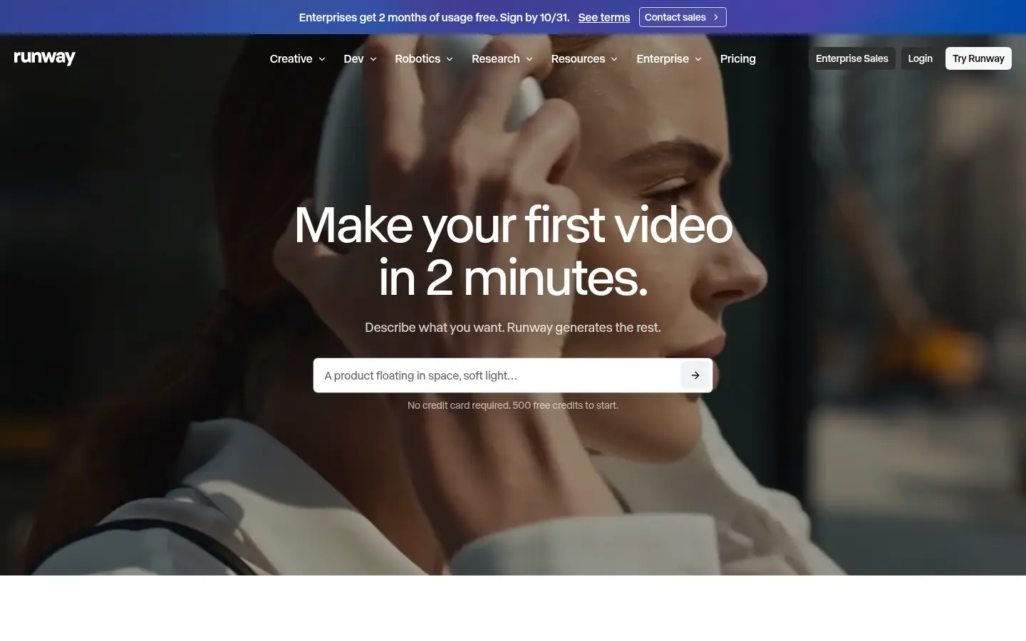 Runway website, showing a prompt box for generating a video over a still image