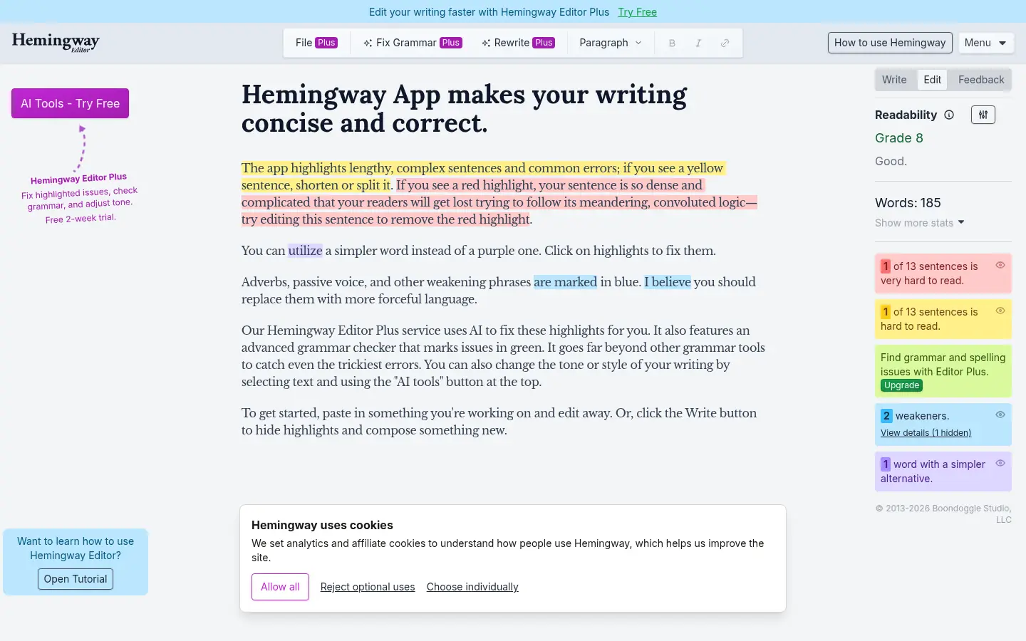 Hemingway Editor website, showing the Hemingway App editor highlighting hard to read sentences