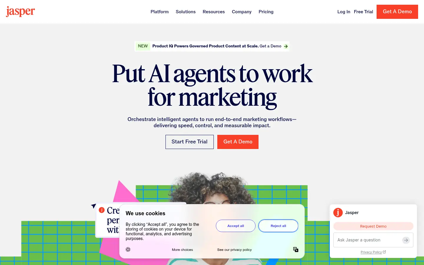 Jasper website, showing the headline Put AI agents to work for marketing