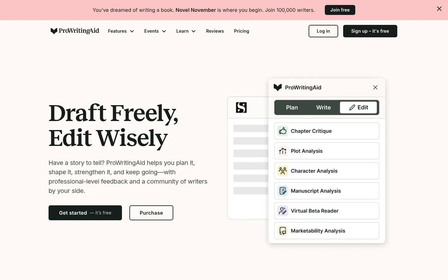 ProWritingAid website, showing the headline Draft Freely, Edit Wisely beside a writing tools menu
