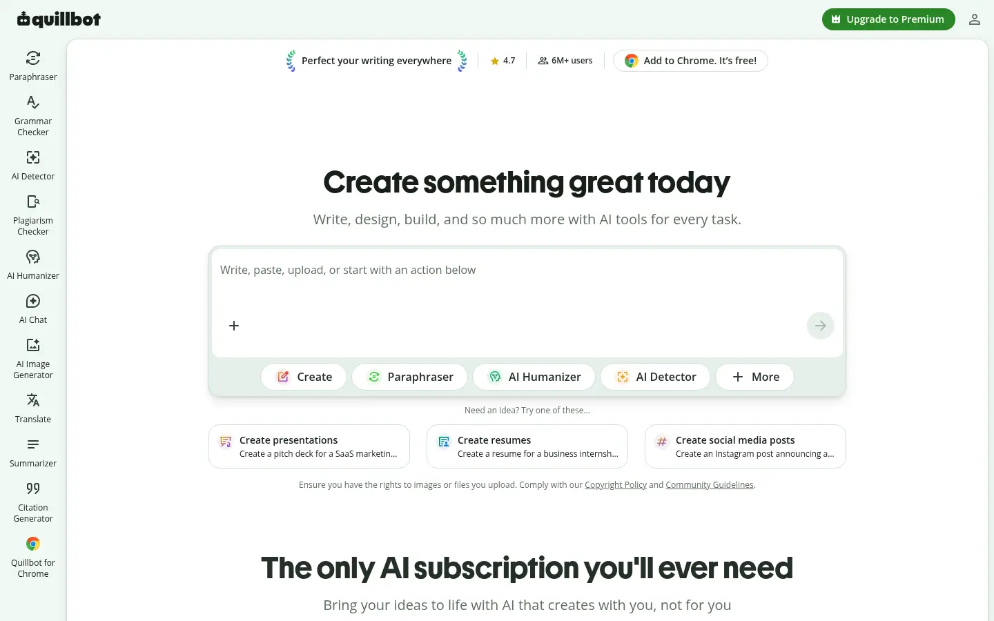 QuillBot website, showing the headline Create something great today above an AI writing prompt box