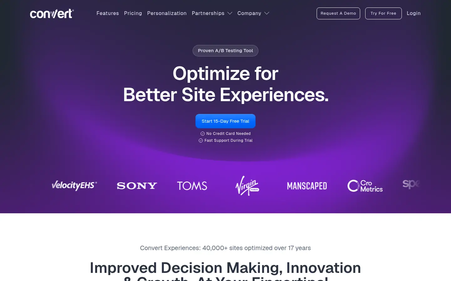 Convert Experiences website, showing a purple banner about better site experiences above customer logos
