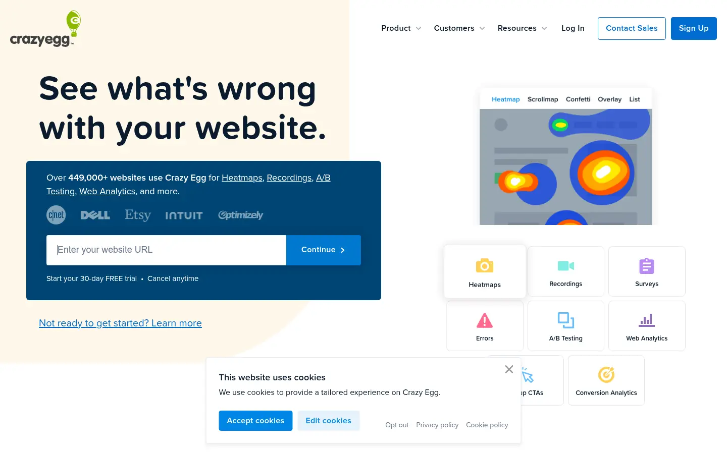 Crazy Egg website, showing the headline See what is wrong with your website beside a heatmap