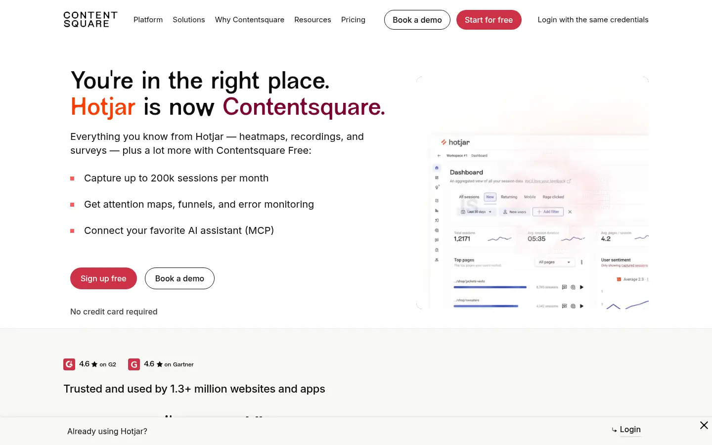 Hotjar website, showing the notice that Hotjar is now Contentsquare beside a dashboard preview