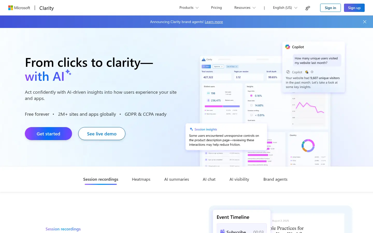 Microsoft Clarity website, showing the headline From clicks to clarity with AI beside a dashboard preview