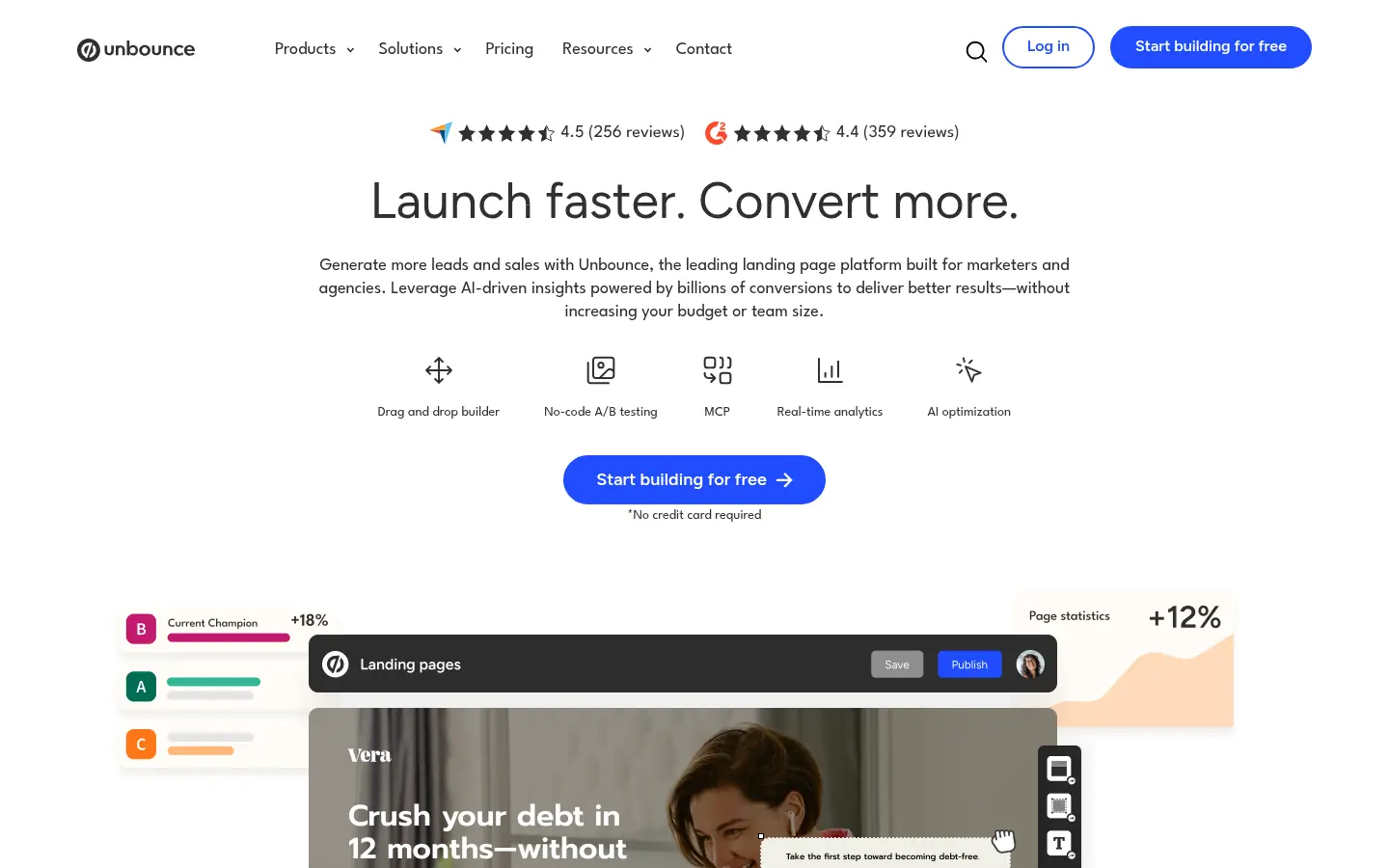 Unbounce website, showing the headline Launch faster, convert more above a landing page builder preview