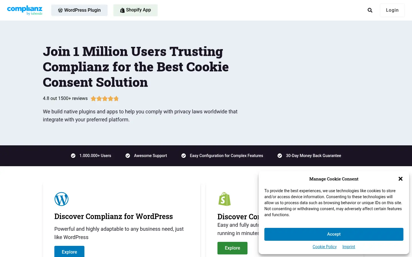 Complianz website, showing a banner about Complianz cookie consent plugins for WordPress and Shopify