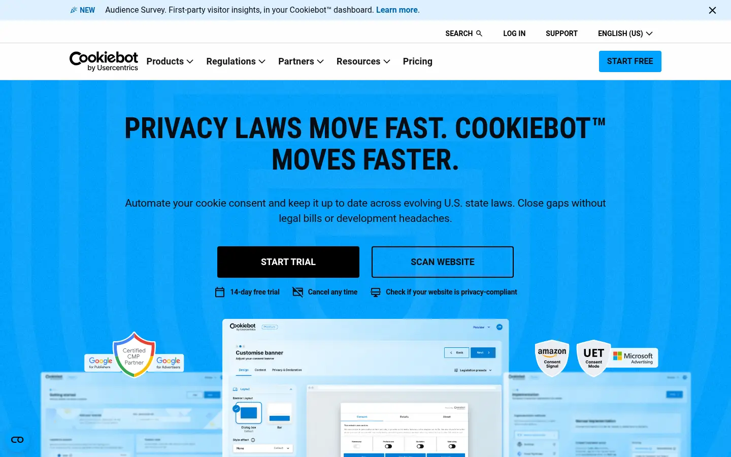 Cookiebot website, showing a blue banner headed Privacy laws move fast with trial and website scan buttons