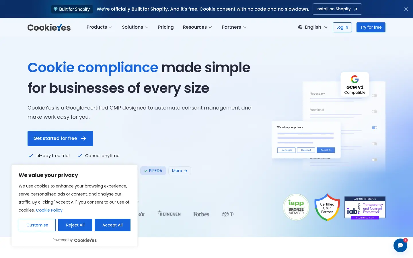 CookieYes website, showing the headline Cookie compliance made simple beside a sample consent banner