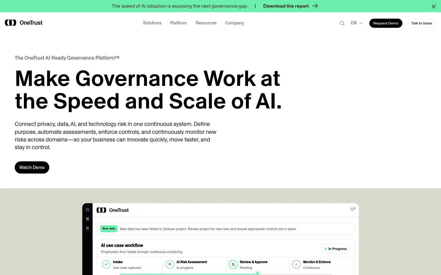 OneTrust website, showing the headline Make Governance Work at the Speed and Scale of AI