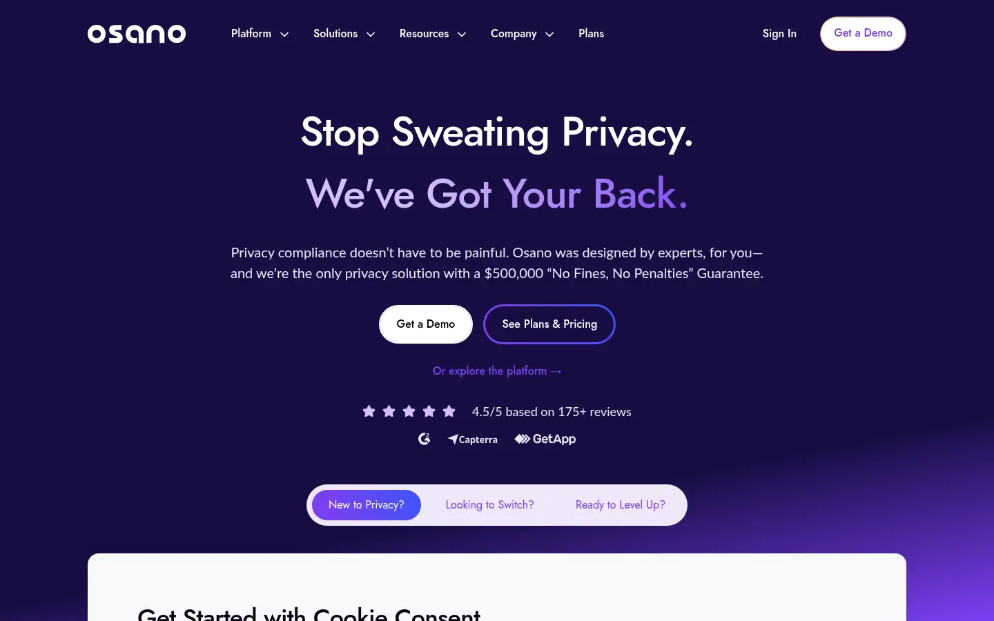 Osano website, showing the headline Stop Sweating Privacy, We have Got Your Back