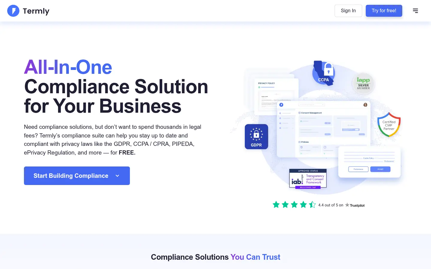 Termly website, showing the headline All in One Compliance Solution for Your Business