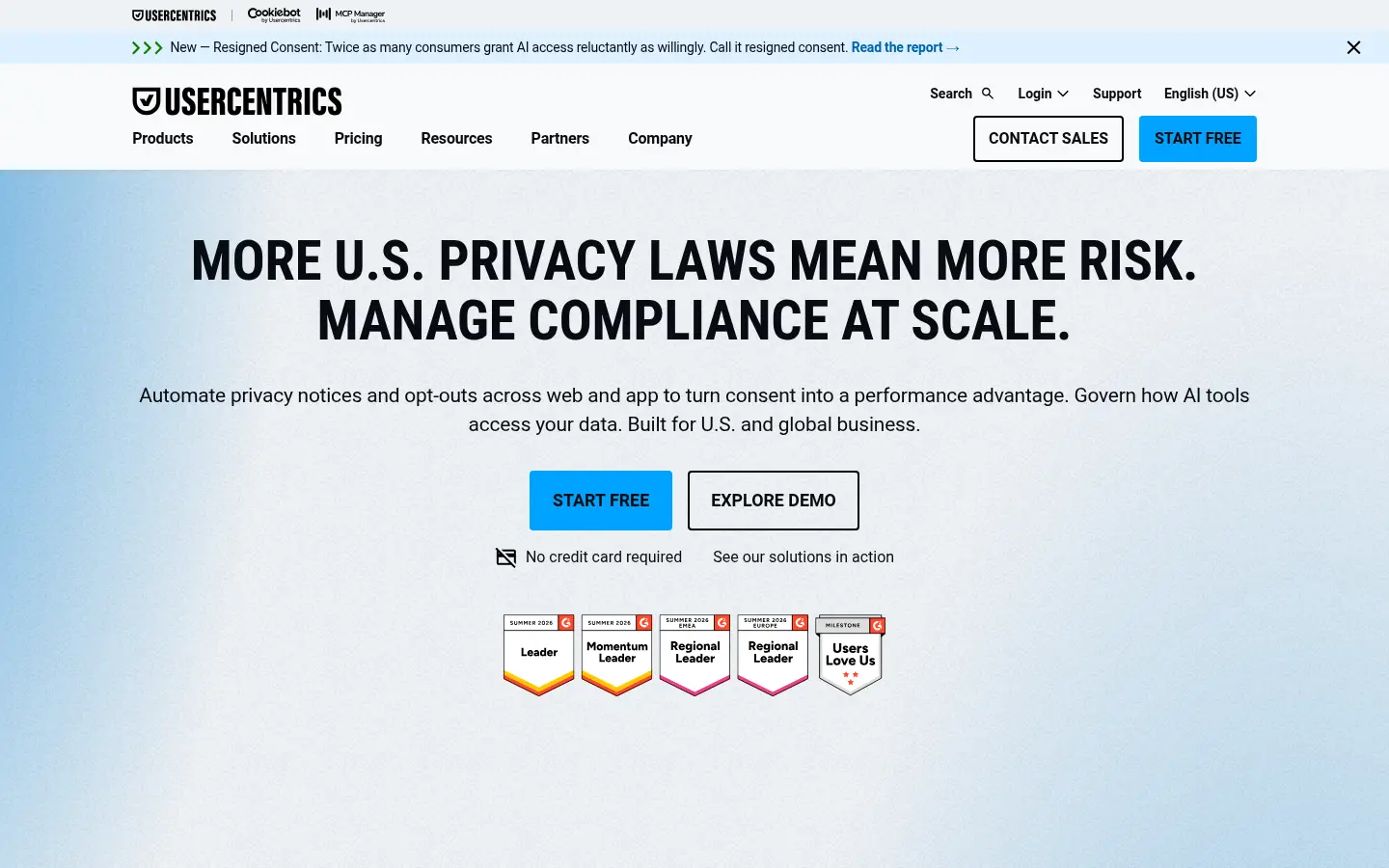 Usercentrics website, showing a banner about managing privacy compliance at scale under new US privacy laws